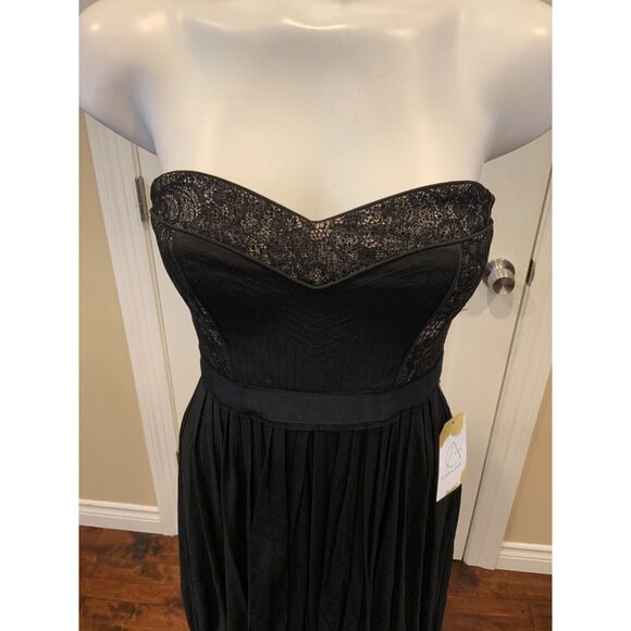 BCBG Max Azria "Kore" Black & Gold Strapless Mini Dress w/ Pleated Skirt, Sz XS - Picture 2 of 6